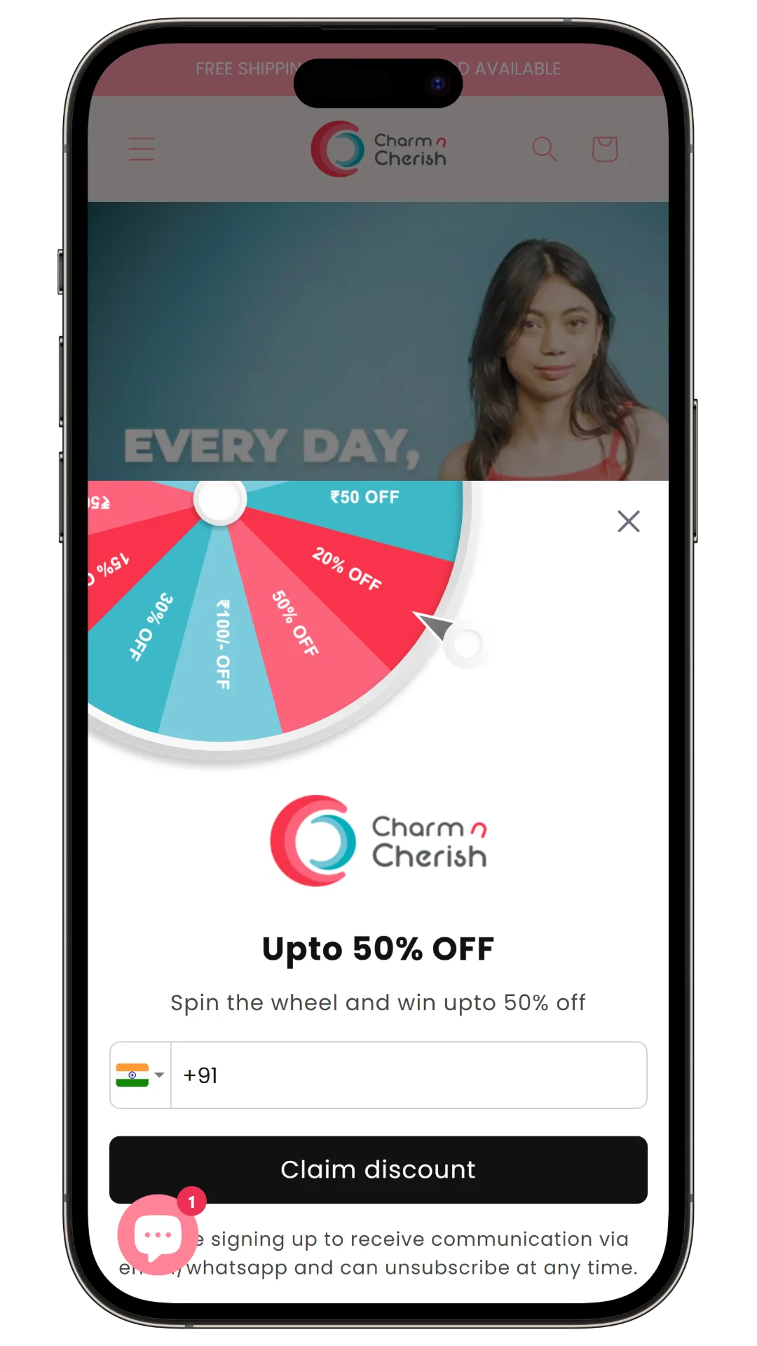 CharmNCherish app screen — spin the wheel promotion