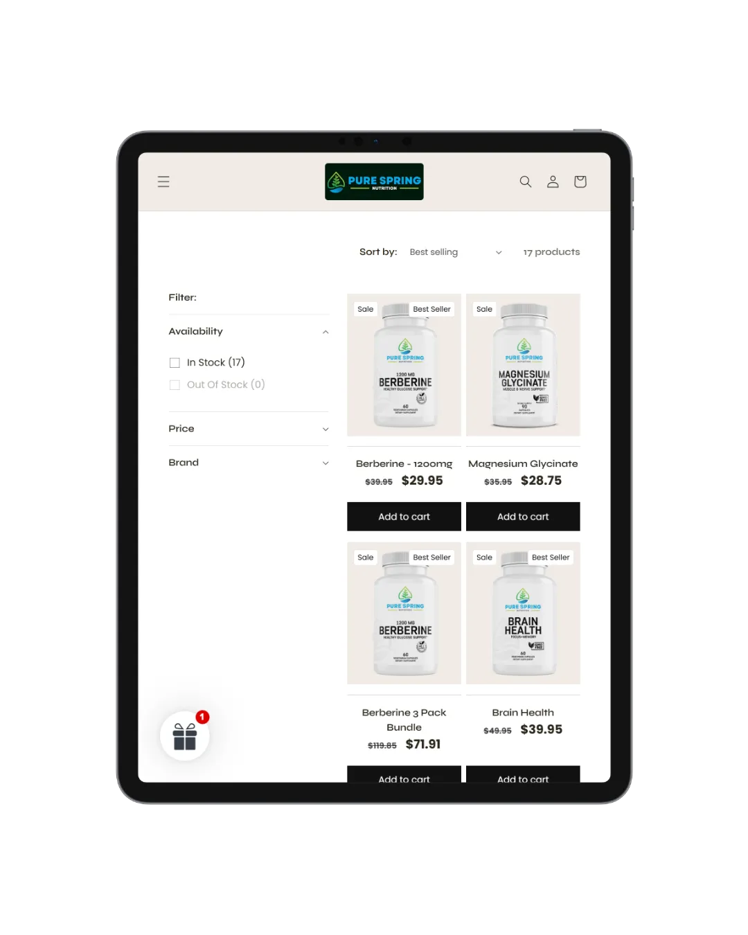 eCommerce store product listing on tablet