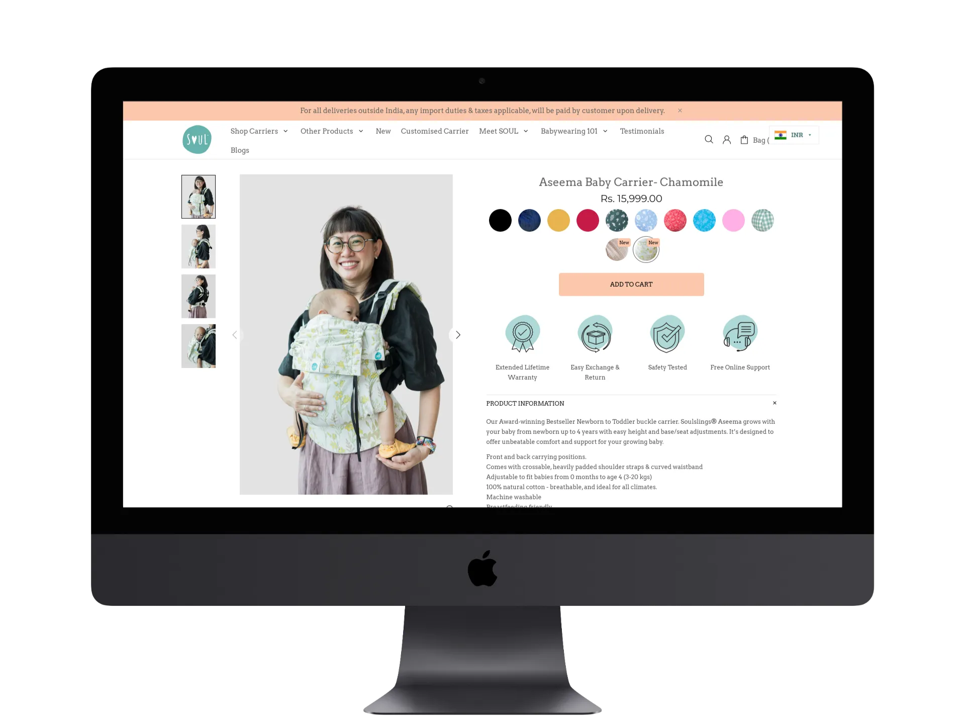 iMac showing baby carrier product page