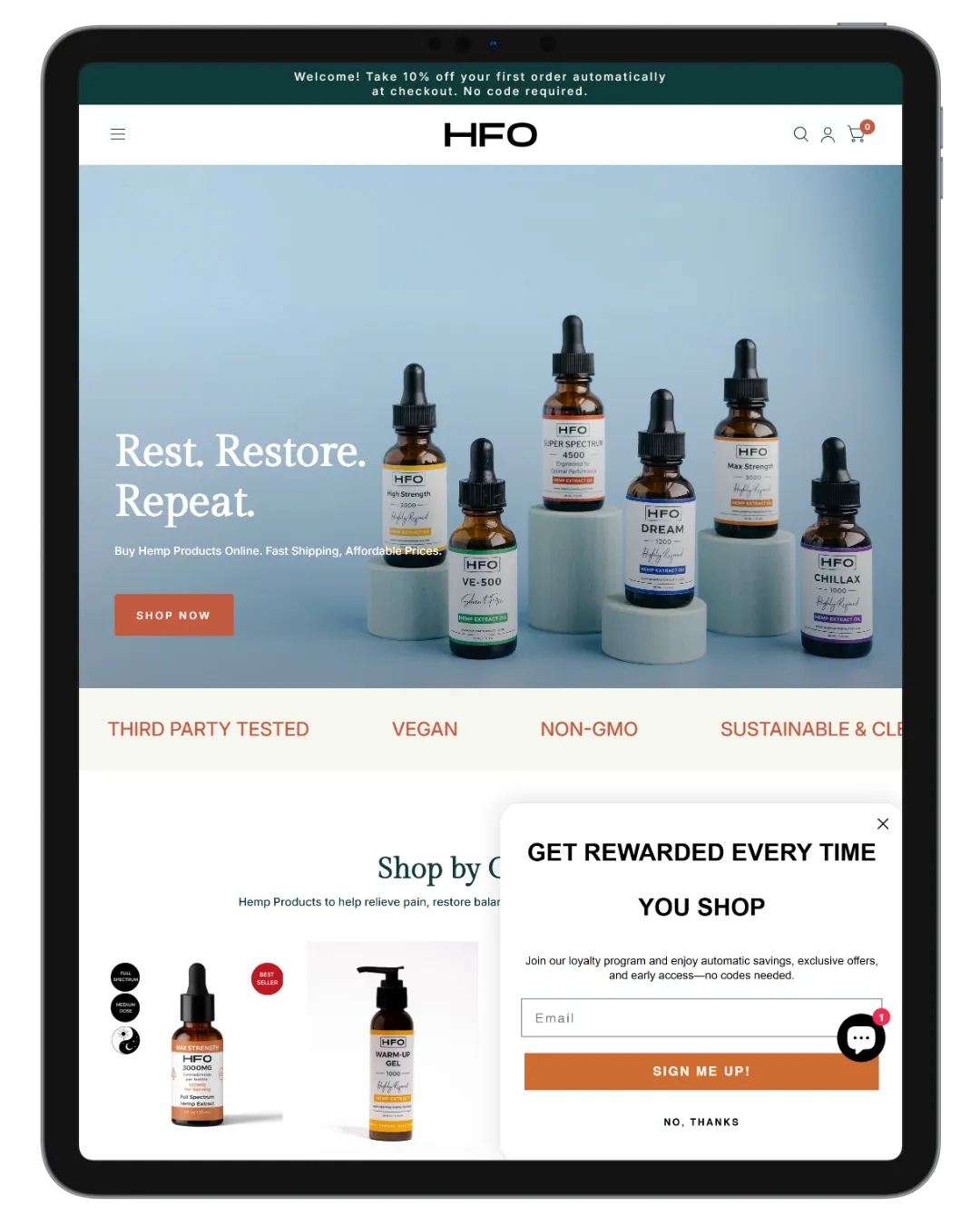 HFO ecommerce storefront on tablet with product bottles