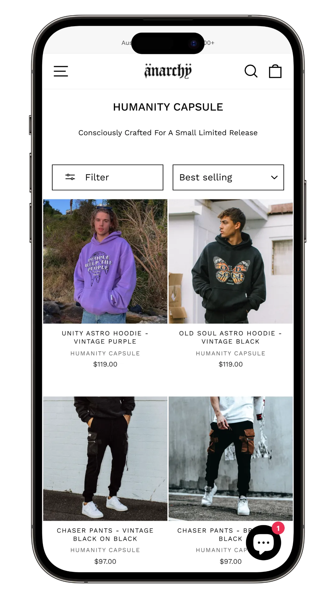 Anarchy store mobile view with integration icons