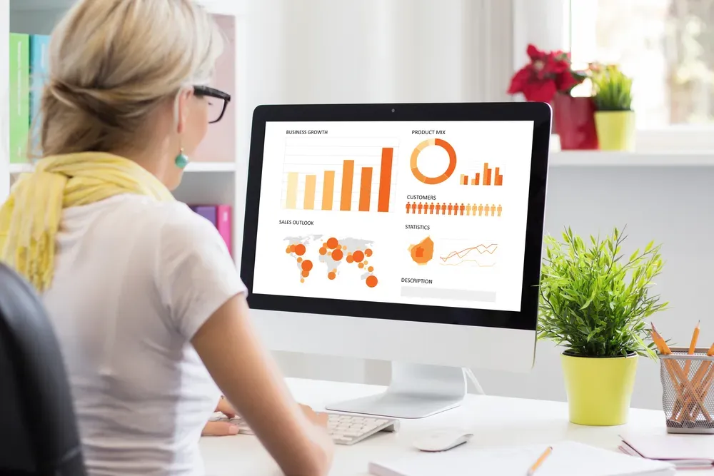 Woman working at desk with analytics on monitor