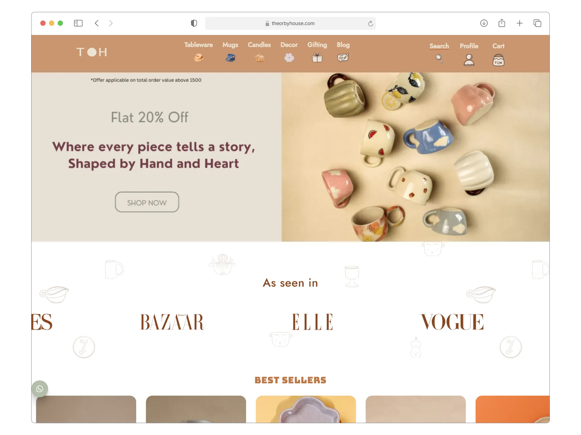 Custom Shopify theme showing pottery store