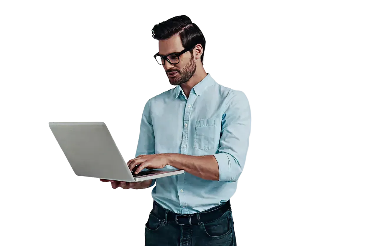 Professional reviewing content on laptop