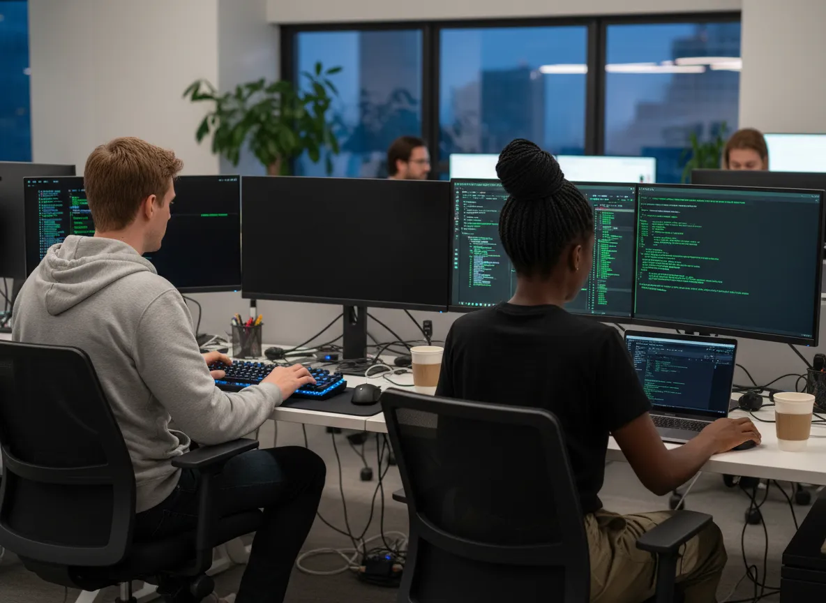 Developer at desk with code on screen