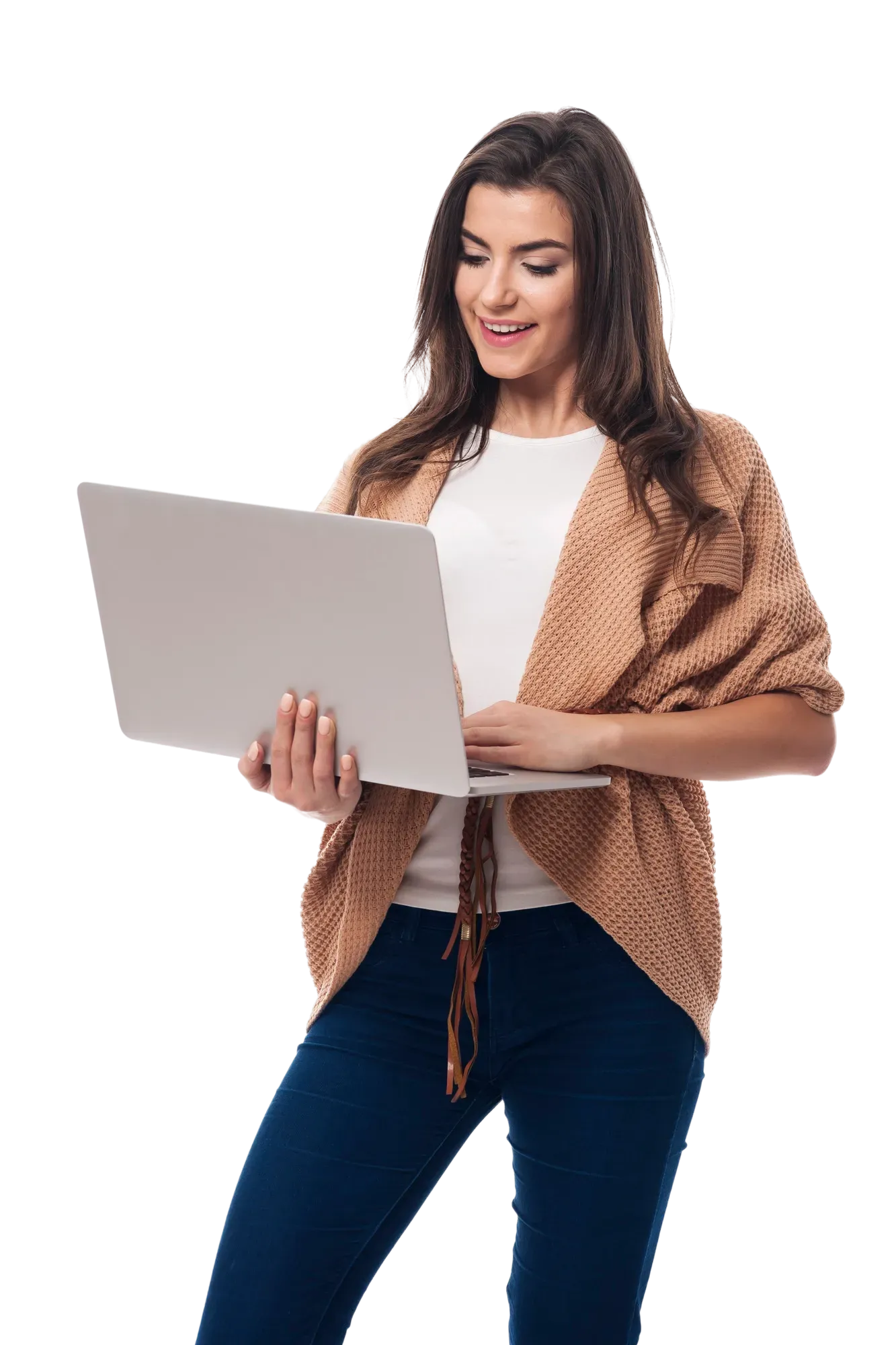 Woman analyzing funnel data on laptop