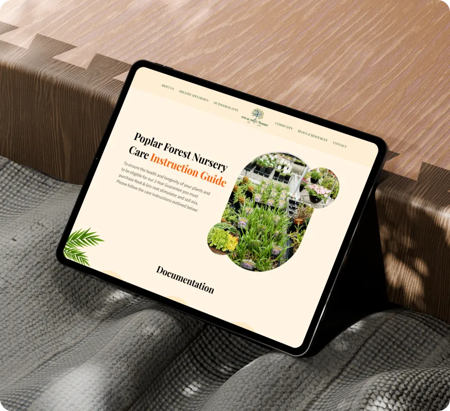 Tablet showing Poplar Forest Nursery website