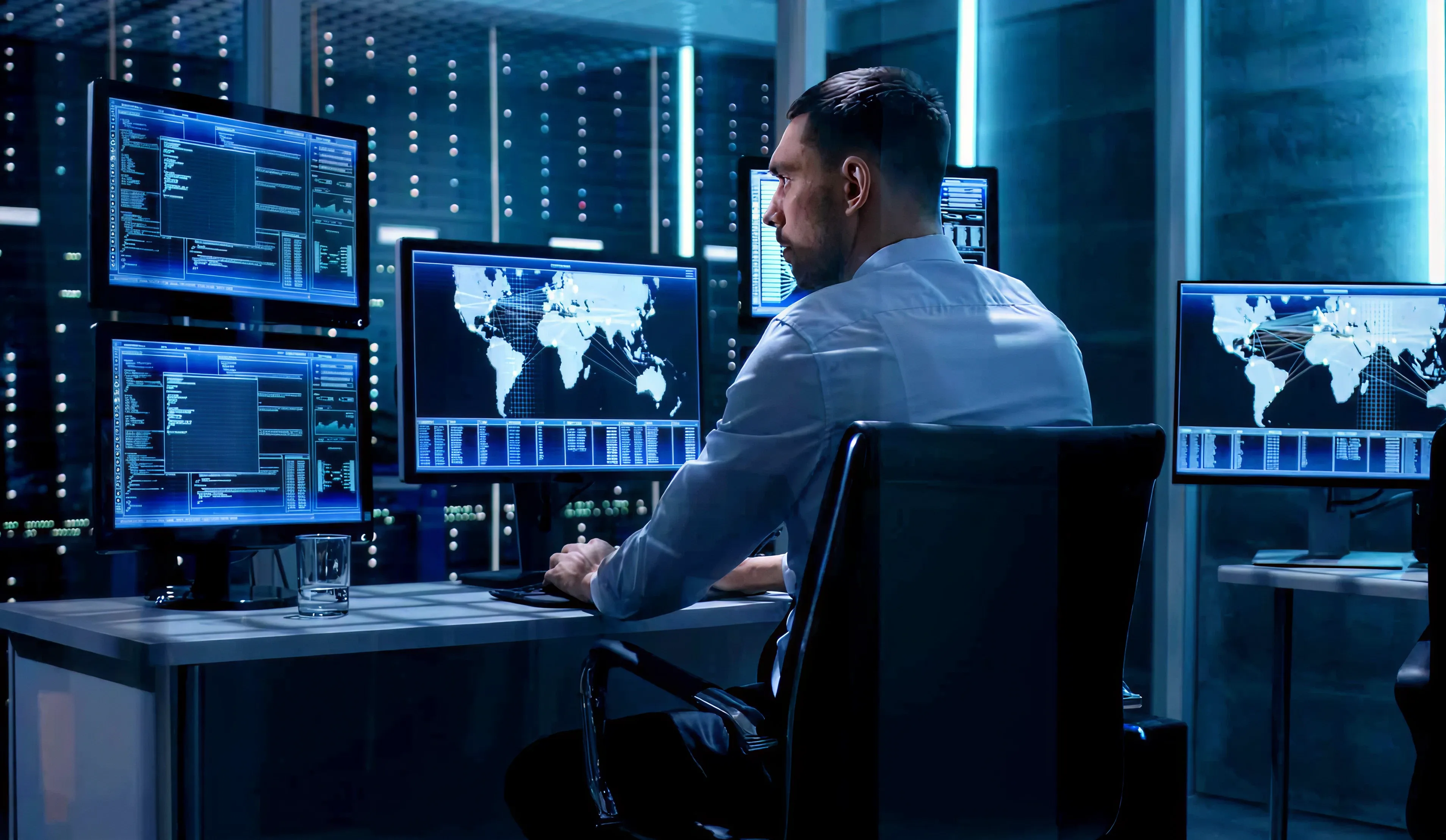 Security professional monitoring multiple screens